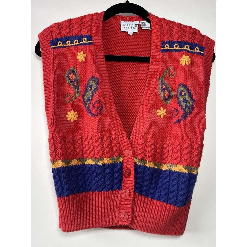 Russ Petites Knit Sweater Vest Paisley Embroidered Button Red Vintage M